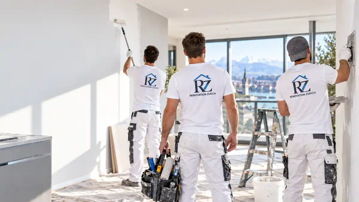 Illustratives Markenbild: Maler in Renovation-Zurich-Shirts bei Renovationsarbeiten